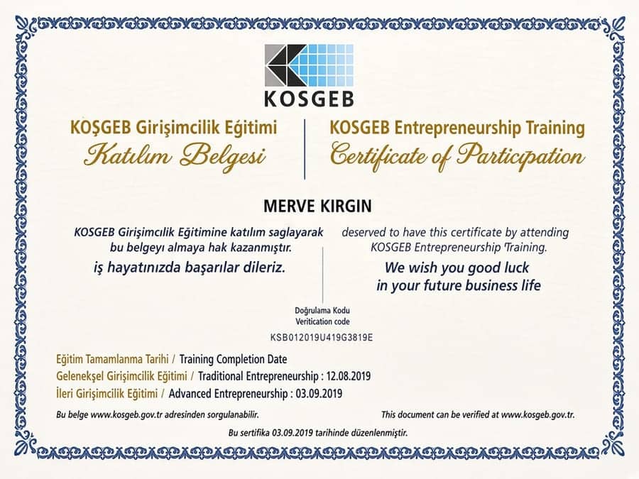 KOSGEB Girişimcilik Eğitimi Katılım Belgesi - Merve Kırgın